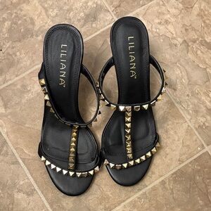 Liliana Black T-Strap Heeled Sandals with Gold Studs